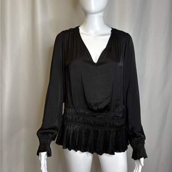 Philosophy Satin Pleated Smocked Blouse Size Large Black Long Balloon Sleeve Top - Picture 11 of 11